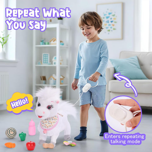 Ylpaprm White Walking Pony with Leash Toy Horses Electric Ponie That Walks,Plush Horse Toy for Kid Talking Musical