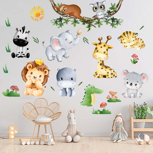 Jungle Baby Animals Wall Stickers - Elephant Lion Tiger Giraffe Wall Decals