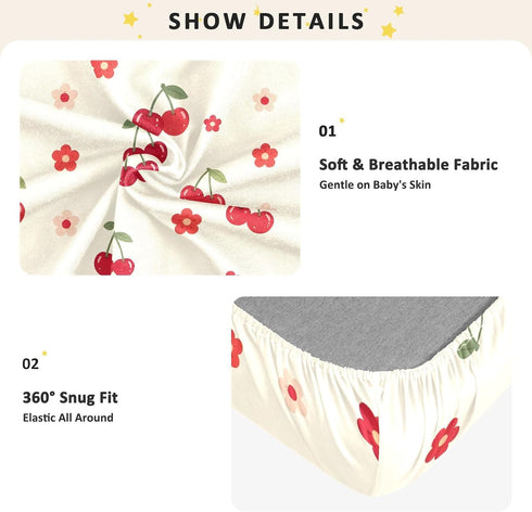 CZXW 52" 28" Cherry Floral Pattern Crib Sheets Fitted x Natural Cotton Soft & Breathable for Baby Crib Mattress