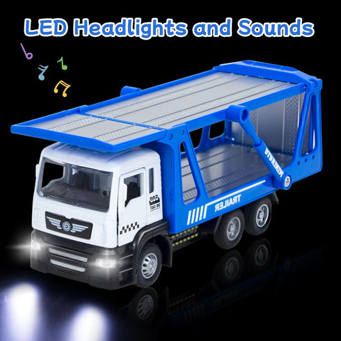 Transporter Carrier Truck Toys with 2Pcs Toy Cars Set- Pull Back Cars with Lights and Sound Trailer Transporter Vehicles, Metal Diecast Toy Trucks for Boys 3 4 5 6 7-9 Years Old