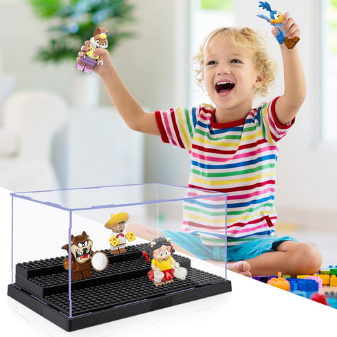 4 Pack Display Case for Minifigure Action Figures, 2 Pack Clear Acrylic Storage Box with Movable Steps for Kids and