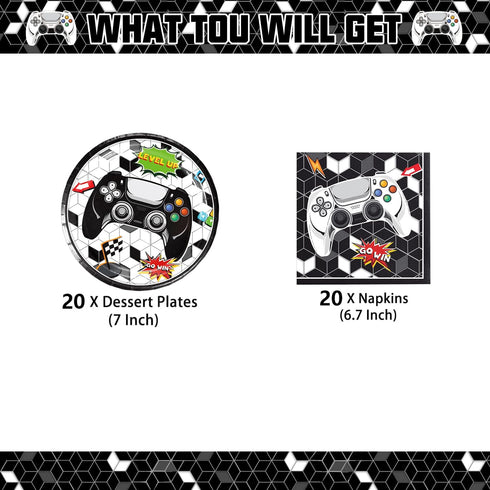 40Pcs Video Game Party Supplies, 20 Plates and 20 Napkins for Space Theme Birthday Decoration