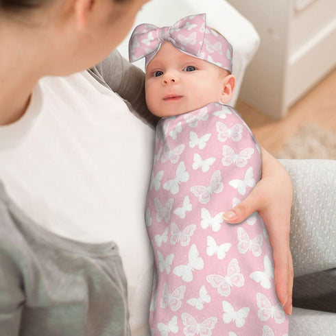 Broiteid Set,Baby Butterfly Pink Baby Stuff Newborn Pink Swaddle Blanket with Beanie Hat and Headband Swaddle Blanket