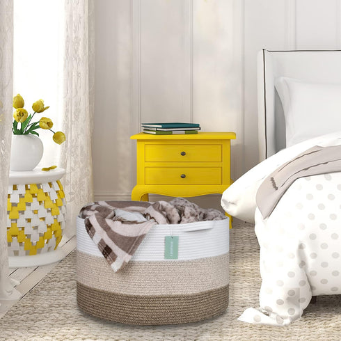 Extra Large Blanket Basket 87L - Cotton Rope Laundry Basket for Baby Nursery, Large Clothes Basket, White & Brown