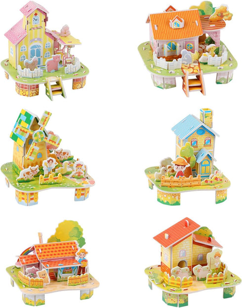 LOMIMOS 3D Cartoon Puzzles for Kids, 6 House Building Kit Creative DIY Jigsaw Toys for Art Crafts Birthday Party Favors