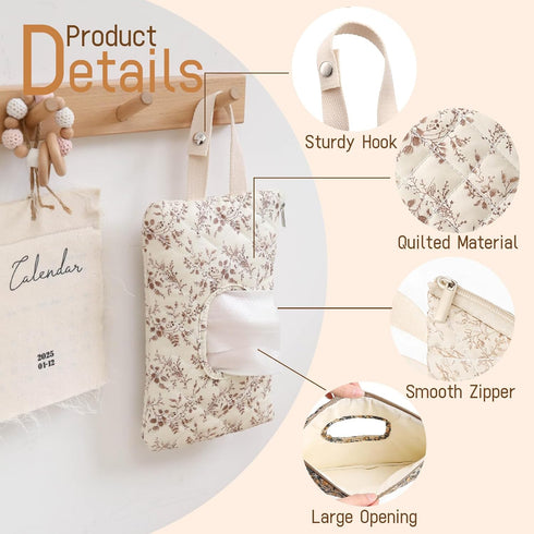 YATFRIK Quilted Baby Wipe Holder Floral Diaper Pouch Portable Quilted Wipes Bag for Car, Stroller