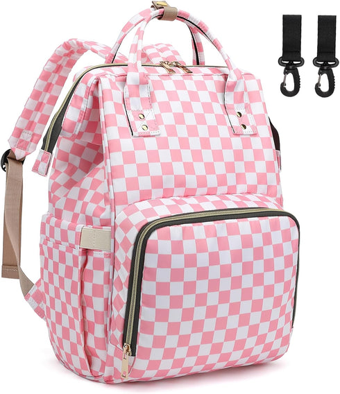 Dezcrab Checkered Pink Baby Diaper Bag Backpack for Women, Large Capacity Waterproof Maternity