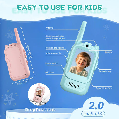 YUSSBCU 2 Pack 3-5 Kids Video Walkie Talkies, Long Range Walkie-Talkie for Kids, Rechargeable Video Call Toys
