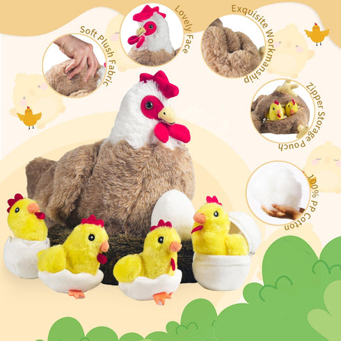 9 1 in Chicken Stuffed Animal, Stuffed Chicken Toys for Kids Zippered Egg Laying Hen Plush with Baby Chicks, Eggs