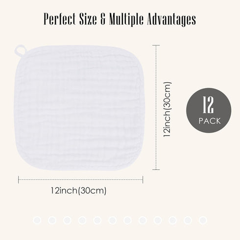 '-100% 12 Pack, 12x12 Inches Baby Washcloths Cotton Muslin Soft Baby Bath Wash Cloths and Absorbent Baby Wipes