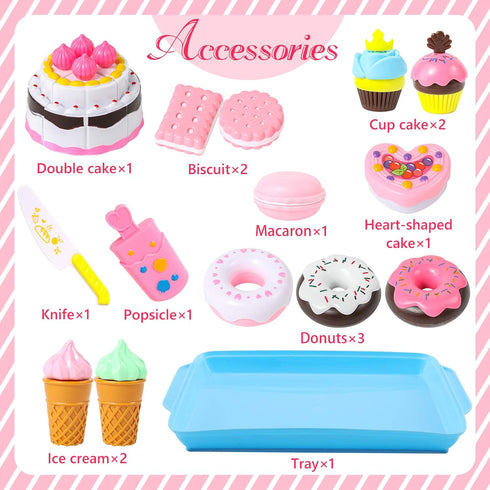 LOVESTOWN 15 PCS Pretend Desserts Toy Set, Play Food for Kids Kitchen, Ice Cream Cupcake Baking Plastic Play Food