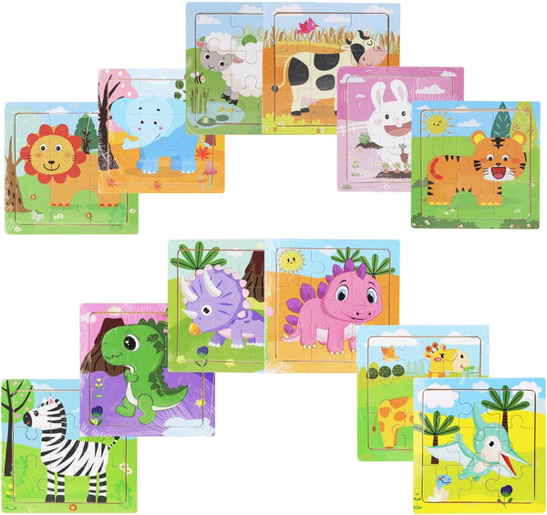 12 Pack Mini Wooden Animal Jigsaw Puzzles for Kids Ages 2-3, 9 Pieces Educational Travel Toys Gift