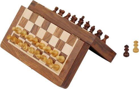 Classic Wood Magnetic Travel Chess Board Set - 7 X 7 Inch Folding Game Board Handmade in Fine Rosewood