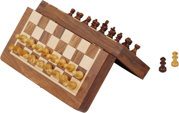 Classic Wood Magnetic Travel Chess Board Set - 7 X 7 Inch Folding Game Board Handmade in Fine Rosewood