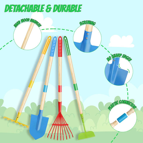 Magic4U Set, 22 3+ Kids Gardening Tools Pcs Metal Garden Tools Toys with Apron, Gloves, Wood Handle Shovel, Rake, Hoe