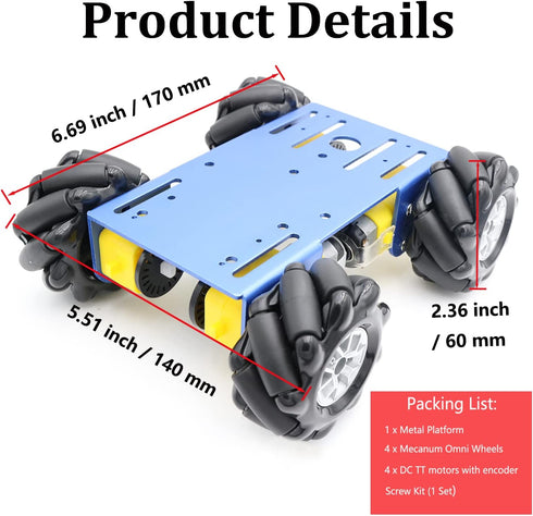 4WD Metal Smart Car Chassis - MC100 Remote Control Robot Platform Kit with 60mm Mecanum Wheel for Arduino/Raspberry Pi