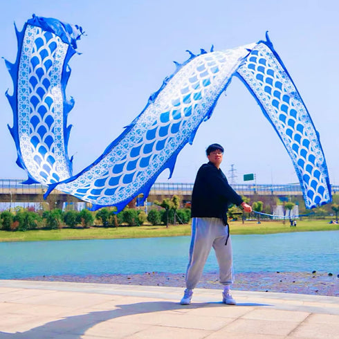 5 Meters Blue Scale Dragon Silk-like Poi, Outdoor Flinging Fitness Dragon Dance Streamer with Adjustable Handstick +