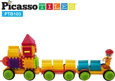 Picasso Toys PTB103 Alphabet & Numerical Train, 103pc Hedgehog Block Shape Building Tiles Set for Learning
