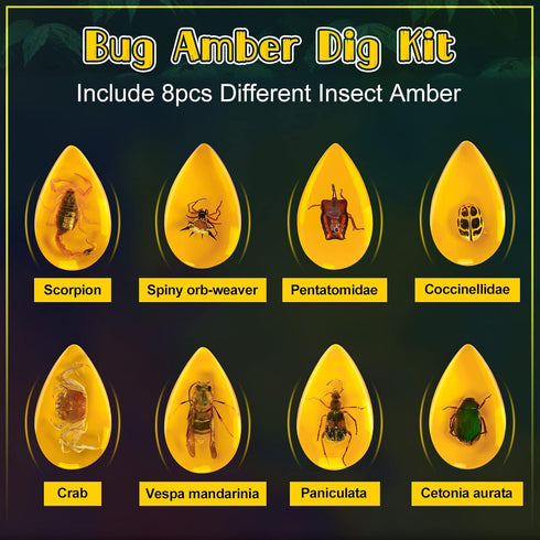 Bigger Amber Dig Kit - 8 Different Artificial Insect Resin, Excavate Unique Insect Specimens for Kids