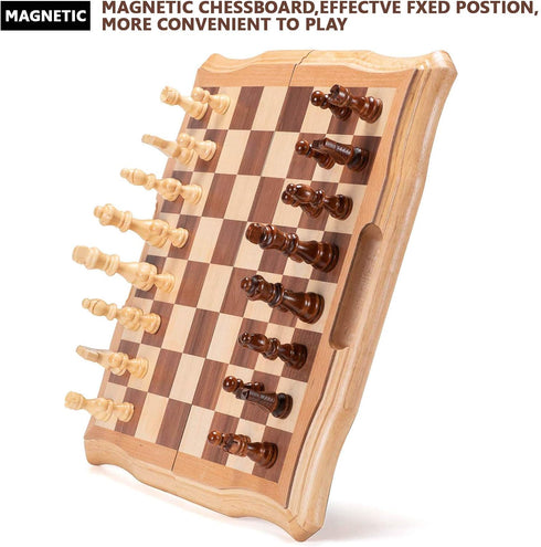 AMEROUS 15.6 inches Magnetic Wooden Chess Set, Handheld Style Board Game with Storage Slots and 2 Extra Queens