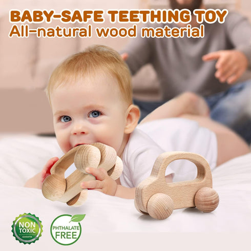 TOY Life Wooden Cars, Montessori Baby Toys for 0-12 Months, Rattle Toy Cars for 1+ Year Olds