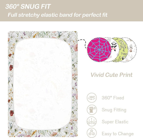 Crib Sheets for Girls Boys, Wildflower Boho Baby Sheets, Neutral Toddler Mini Crib Mattress, 27"x39"