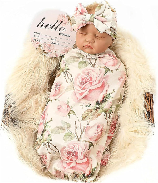 Galabloomer Newborn Receiving Blanket Headband Set, Vintage Flower Baby Flower Swaddle