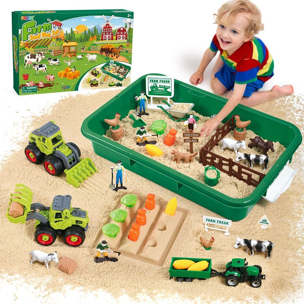 FRUSE Play Sand Farm Toys, Sensory Bins for Toddlers with 2.2lbs Sensory Play Sand, Farm Figures & Tractor Playset