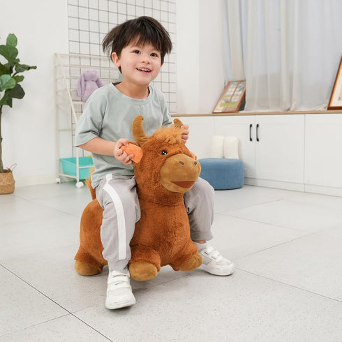 INPANY Bouncy Bull Hopping Toys, Brown Plush Highland Cow Hopper for Kids, Inflatable Farm Animal Bouncer for 2-4 Year