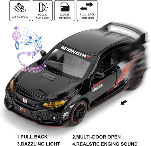 1/32 Honda Civic Type-R Diecast Toy Car, Metal Pull Back Model with Light and Sound for Kids and Adults Gift, Black