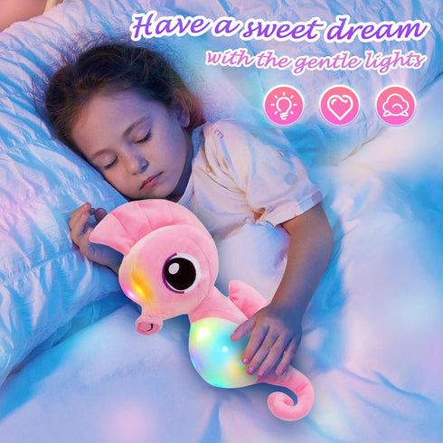 Athoinsu Light up Seahorse Stuffed Animals, LED Soft Plush Toy with Night Light for Kids, 8'' Pink