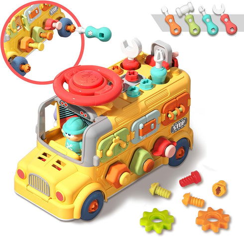 3 4 5 iPlay, iLearn Toddler Busy Bus Toy, Kids Take Apart School Bus W/Tools, Steering Wheel & Gears, Push Go Assemble