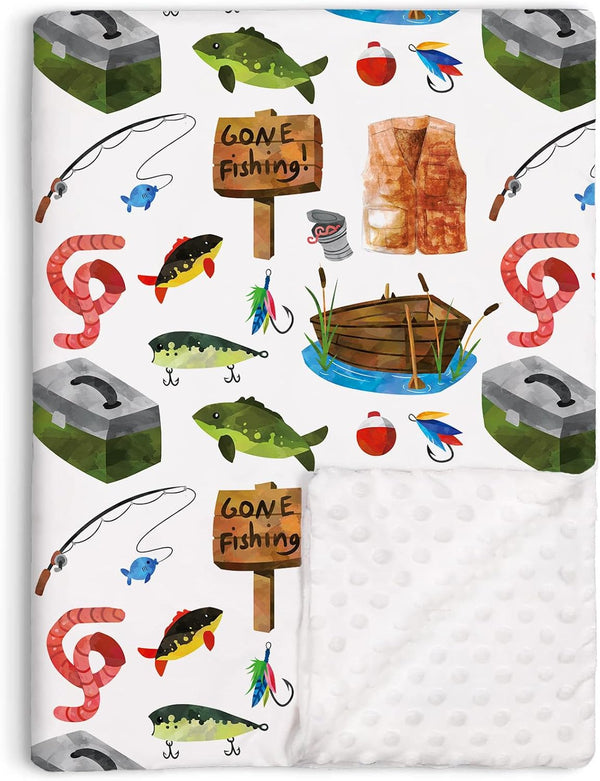 Fishing Baby Blanket, Gone Fishing Themed Toddler Minky Blanket, Double Layer Dotted Backing, 30"x40"