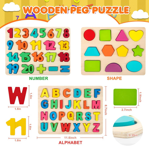Wooden Puzzles for Toddlers, 3 in 1 Alphabet and Number Shape Puzzle, Educational Learning Toys Set of 3