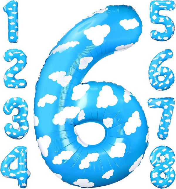 40 Inch Large Number 6 Balloon, Birthday Decorations with Blue Clouds, Party Supplies for 6th Birthday