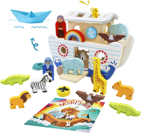 bpmfkid Noah's Ark Wooden Toy Set, Educational Wooden Animal Toys for Toddlers,
