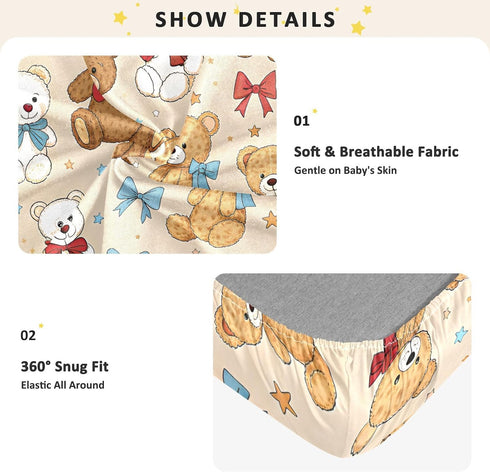 CZXW 52" 28" Cute Stuffed Bears Crib Sheets Fitted x Natural Cotton Soft & Breathable for Baby Crib Mattress