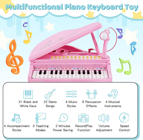 31 Costzon Kids Piano, Key Mini Grand Piano Toy Keyboard with Microphone, Stool & Lights, Portable Electronic Piano