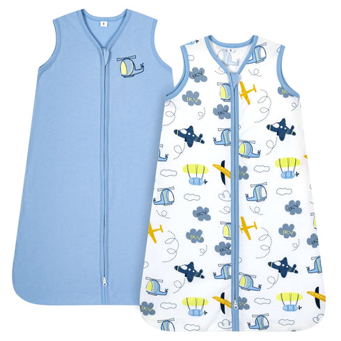 TILLYOU Sleep Sack 0-6 Months, 0.5 TOG Baby Wearable Blanket with 2-Way Zipper, 2 Pack, Sky Adventure & Sky Blue