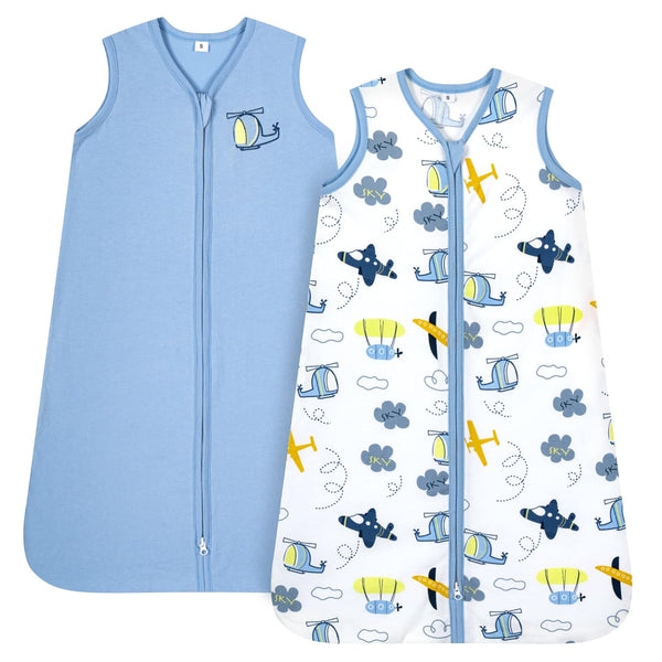 TILLYOU Sleep Sack 0-6 Months, 0.5 TOG Baby Wearable Blanket with 2-Way Zipper, 2 Pack, Sky Adventure & Sky Blue
