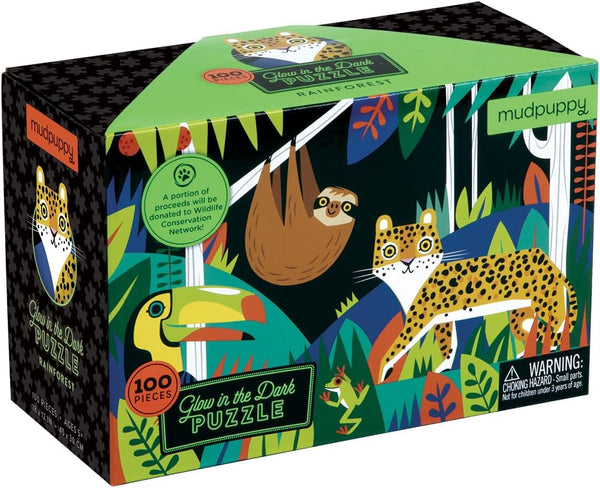 Mudpuppy Rainforest Glow-in-The-Dark Puzzle, 100 Pieces, 18”x12” for Kids Age 5+, Colorful Rainforest Illustrations
