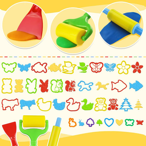 Playdough Tools with 40 Pcs Plastic Animal Shapes Cutters, 3 Pcs Basic Play Dough Tools