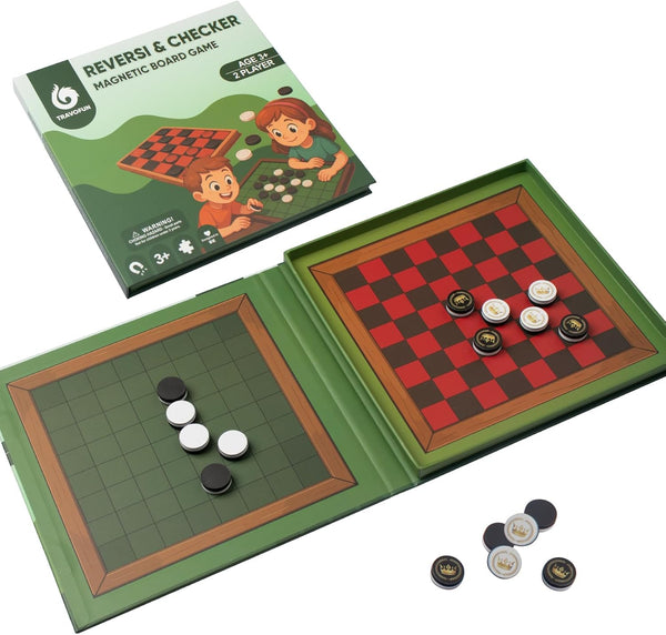2-in-1 Checkers & Reversi Board Game | Magnetic Travel Games for Kids