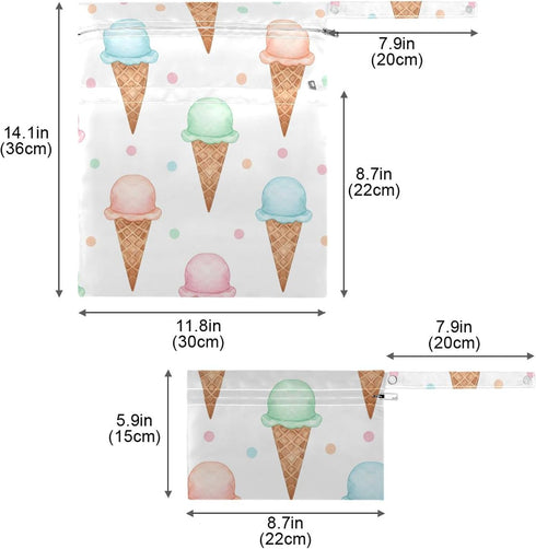 Burbuja 2 Pack, 2 Ice Cream Cone Wet Dry Bags for Baby Cloth Diaper Waterproof Reusable Wet Bag with Zippered Pockets