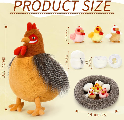 Egg Laying Hen Chicken Stuffed Animal Plush Toys, Stuffed Chicken with Baby Chicks and Coop, Kids Chicken Toys for