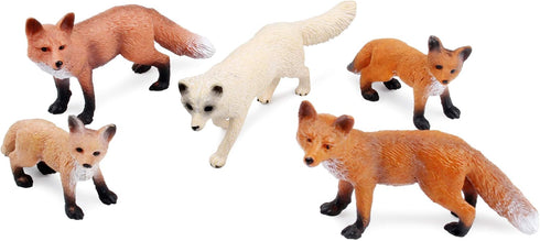 UANDME Fox Toy Figures Set - Includes Arctic Fox & Red Foxes Figurines Cake Toppers (5 Foxes)