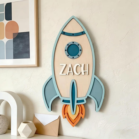 Personalized Rocket Name Sign for Kids Room, Custom Wooden Space Wall Decor with Name, Nursery Wall Art for Boys