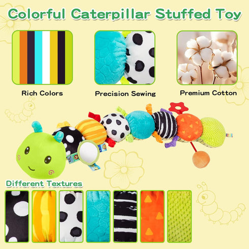 CAHILON 0-6 6-12 Tummy 3 6 9 12 18 Baby Sensory Toys Months, Musical Plush Animal Stuffed Caterpillar with Crinkle