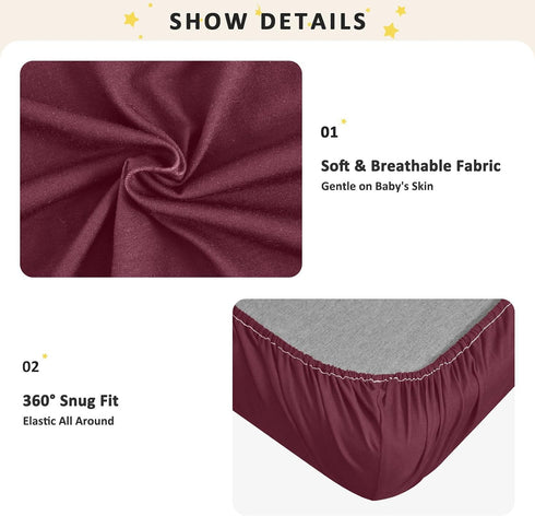 CZXW 52" 28" Wine Red Crib Sheets Fitted x Natural Cotton Soft & Breathable for Baby Crib Mattress