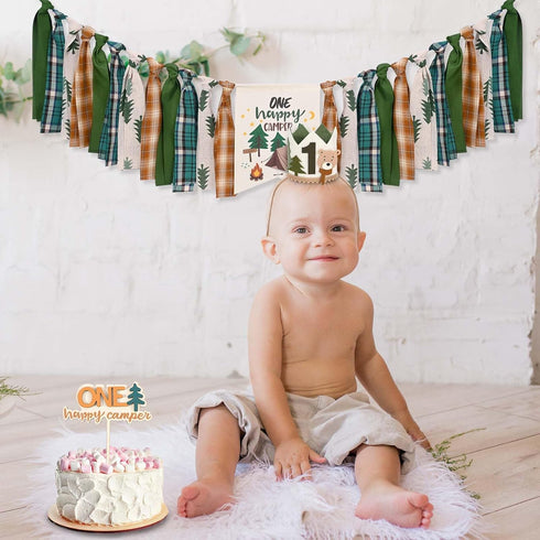 1st One Happy Camper Highchair Banner Adventure Camping Theme Birthday Banner Crown Cake Topper Highchair Photo Prop
